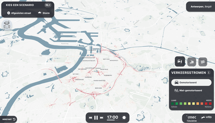 Digital twins – in dit geval van de stad Antwerpen – zijn nog relatief tweedimensionale en cijfermatige omgevingen, maar ongetwijfeld zullen deze evolueren naar 3D omgevingen waarin je kan rondbewegen om op die manier te evolueren naar een meer volwassen metaverse. (bron: digitaltwin.imec.be)